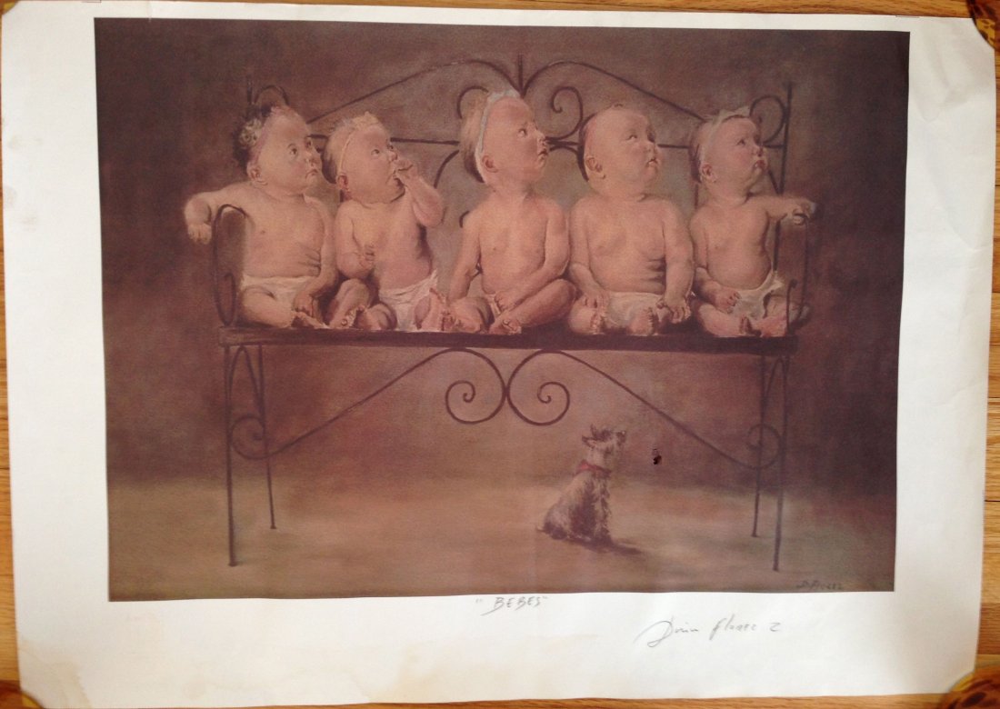 BEBE'S LITHO- Signed by Artist - Dorian Flores: Bebes by Dorian Florez. SIGNED by artist. With STAMP of authenticity in image. 30" wide. Dorian Florez is an artist from Colombia. He was born on December 11, 1960 in Caldas Antioquia. He studied clin
