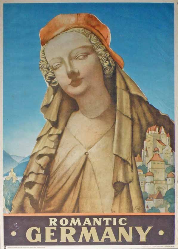 VINTAGE 1960's TRAVEL POSTER - GERMANY: VINTAGE 1960's TRAVEL POSTER - GERMANY 1930s poster with artwork by Fuss. Printed by K.G. Lohse, Frankfurt. Light creasing and wear. Size: 40" x 26 3/4"