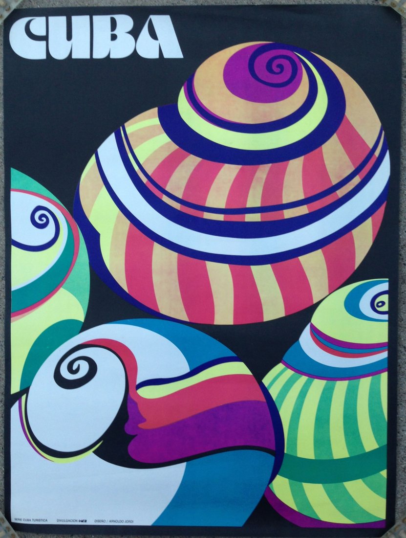 Rare CUBA Travel Poster - shells: Rare CUBA Travel Poster Serie Cuba Turística Creator ARNOLDO JORDI Subject Cuba; Tourism; Description This offset poster uses a frontal, abstracted images of a native shells as a means of encouraging