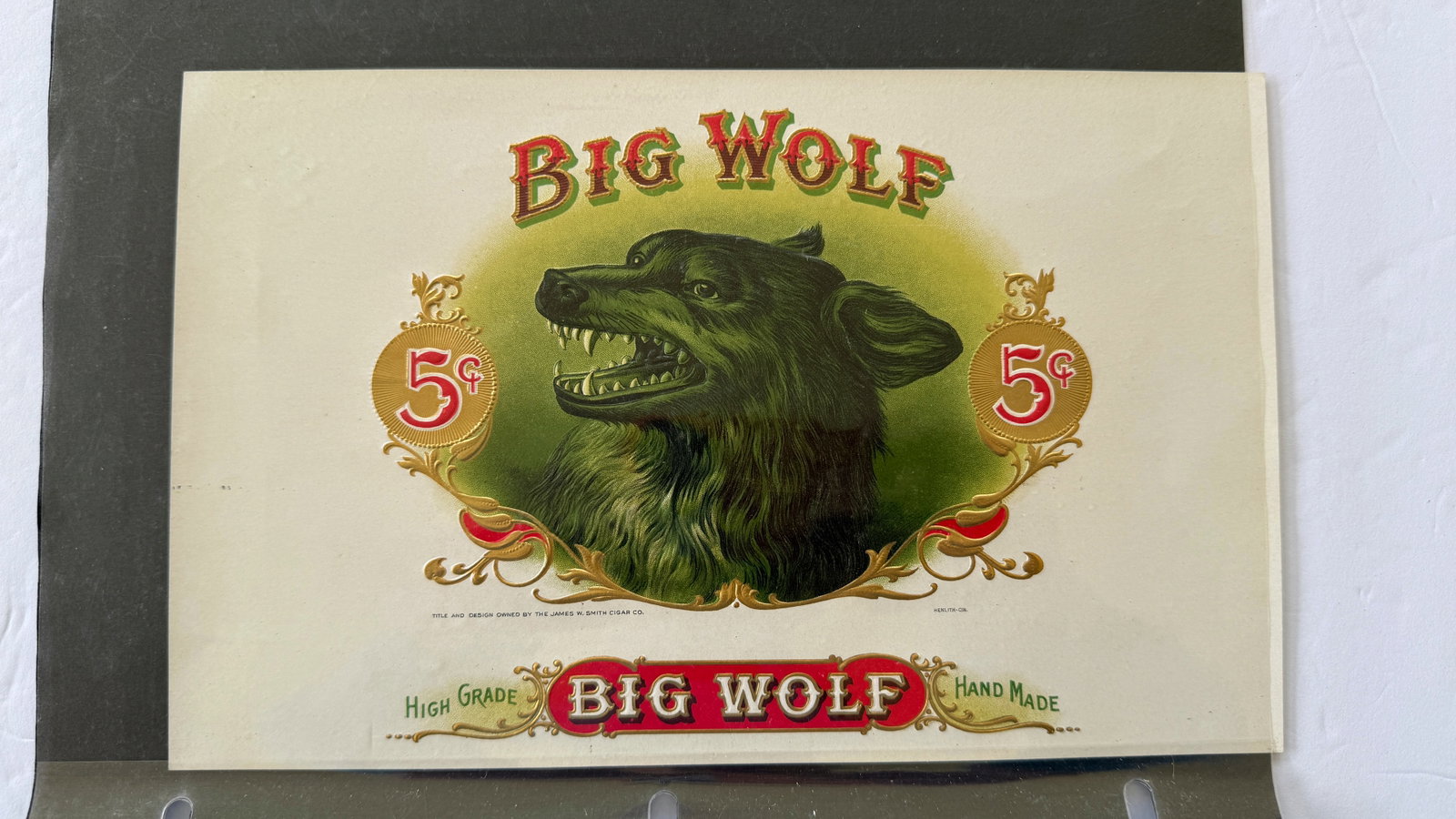 vintage "Big Wolf" 5¢ cigar box label: vintage "Big Wolf" 5¢ cigar box label from the 1920s, produced by the James W. Smith Cigar Co