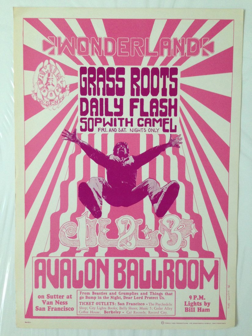 GRASS ROOTS FAMILY DOG AVALON POSTER - 1966: FD15-2 Family Dog Poster Avalon Ballroom Wes Wilson 1966 Near Mint!! WONDERLAND GRASSROOTS Avalon Ballroom 1966 Wes Wilson artwork Near Mint With Daily Flash and Sopwith Camel Lights by Bill Ham The G