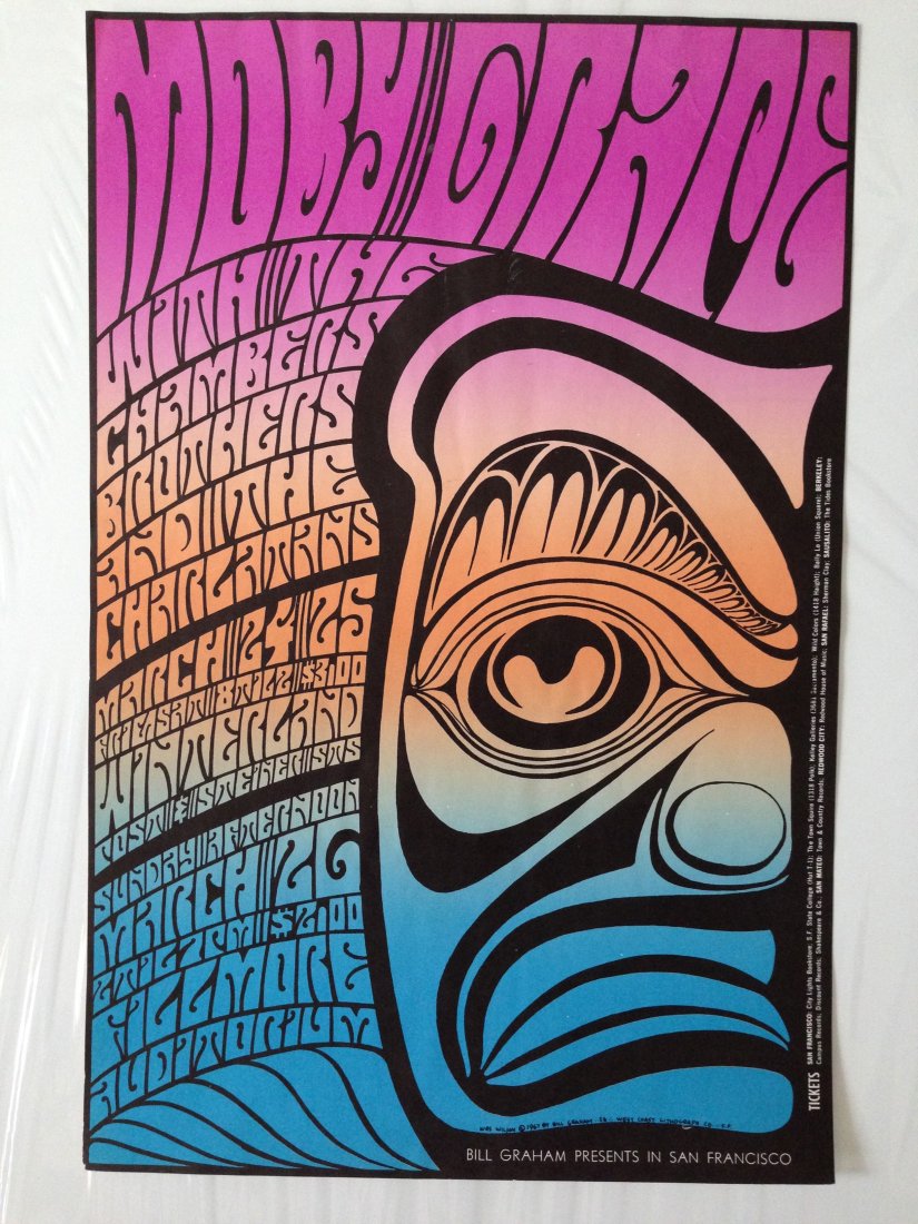 MOBY GRAPE BILL GAHAM FILLMORE POSTER BG56: MOBY GRAPE BILL GAHAM FILLMORE POSTER With the Chamber Brothers and the Charlatans Winterland Art By Wes Wilson, who used an image taken from a Northwest Coast Indian mask as the dominant element in t