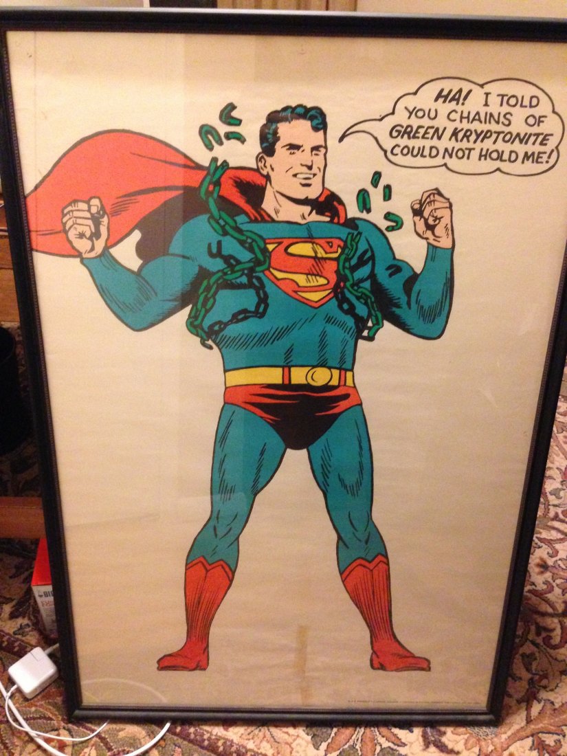 1966 VINTAGE SUPERMAN POSTER: FEATURED ITEM 1966 VINTAGE SUPERMAN POSTER G&F Posters, NYC. National Periodical Publications, Inc. 1966. Great condition, framed, with one tear that prior owner has taped. Can be removed with bleach 