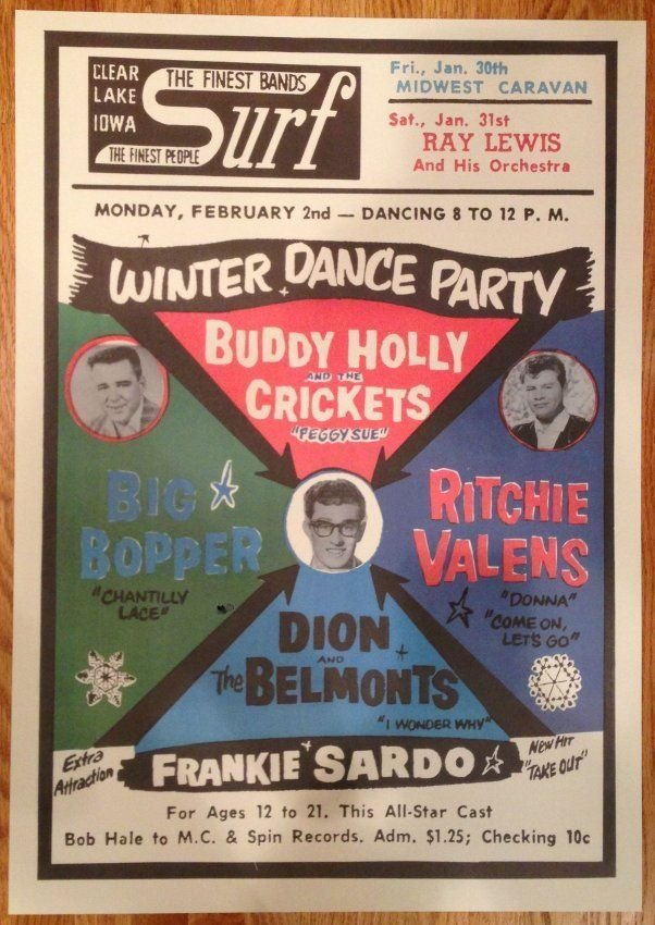 SURF BALLROOM POSTER - BUDDY HOLLY: SURF BALLROOM POSTER - BUDDY HOLLY The Day The Music Died 17" x 24" Hard to find poster. The Surf Ballroom (the Surf) is a Historic Rock and Roll Landmark at 460 North Shore Drive, Clear Lake, Iowa. T