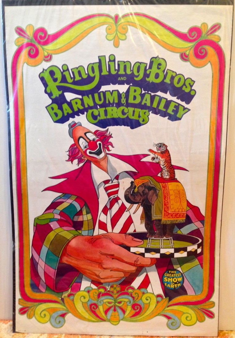 BARNUM & BAILEY ORIGINAL 1970's CIRCUS POSTER - Lou: BARNUM & BAILEY CIRCUS POSTER - 1970's ART, CLOWN, TIGER and BINGO the ELEPHANT! 24" x 36" This special poster was created to celebrate the Ringling Bros. Circus. Small hole bottom center border.