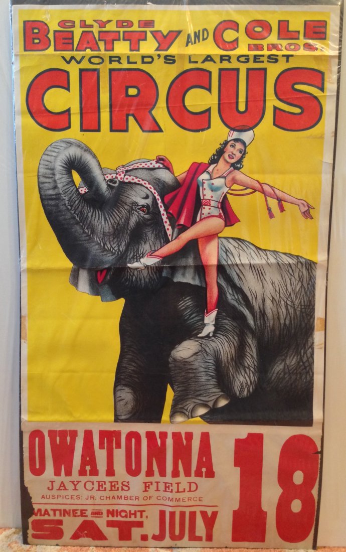 CLYDE BEATTY and COLE BROS. Worlds Largest Circus: CLYDE BEATTY and COLE BROS. Worlds Largest Circus poster - Beautiful woman on elephant art poster. Owatonna, MN Jaycees Field. 21â€ x 36â€ - Amazing vintage poster with minor tears.