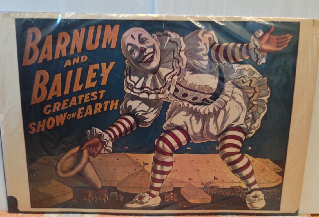 BARNUM & BAILEY CIRCUS POSTER - GREATEST SHOW ON EARTH: BARNUM & BAILEY CIRCUS POSTER - GREATEST SHOW ON EARTH. BEAUTIFULCLOWN ART. 1917 repro from the 1970;s. 24â€ x 36â€.
