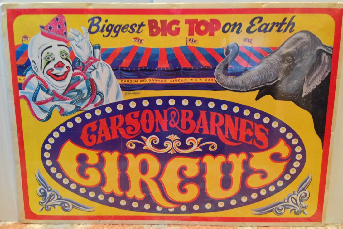 CARSON & BARNES 5 RING CIRCUS POSTER - BIGEST BIGTOP: CARSON & BARNES 5 RING CIRCUS POSTER - BIGEST BIGTOP ON EARTH - Overall amazing circus art. Showing great type and font usage, clown, elephant and the big top tent. 22â€ x 31â€ - Pinholes on boa