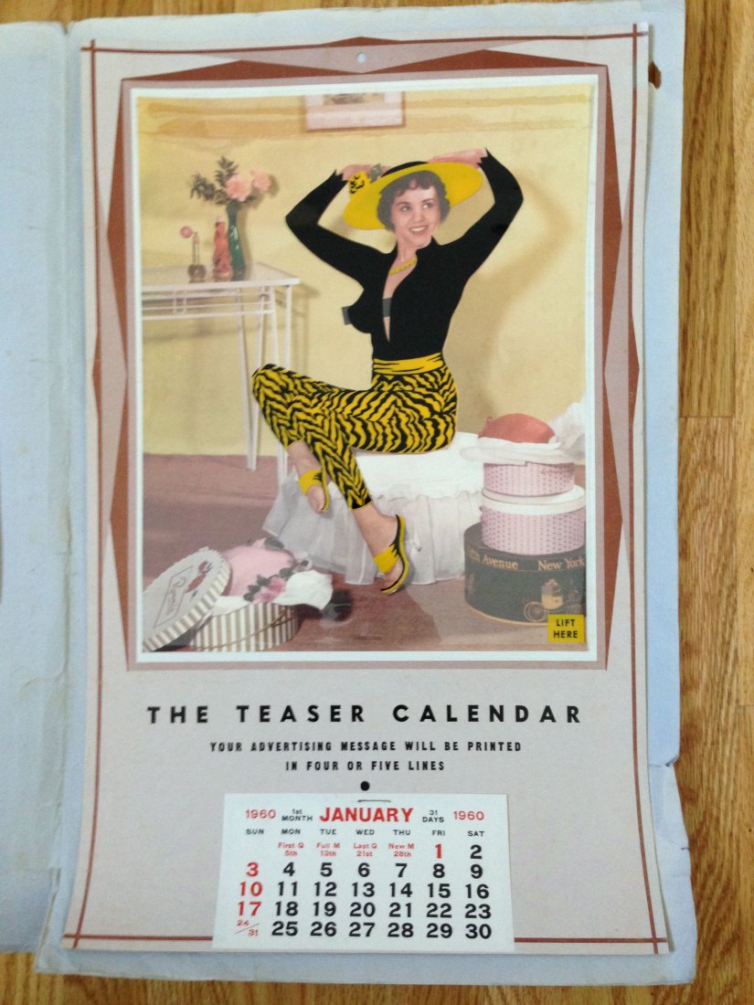 1960's TEASER CALENDARS - SALESMAN SAMPLES - VERY RARE: FEATURED ITEM 1960's TEASER CALENDARS - SALESMAN SAMPLES - VERY RARE 1960 TEASER SAMPLER 1968 TEASER SAMPLER 1969 TEASER SAMPLER ! THREE SALES MEN'S SAMPLER CALENDARS WITH ACETATE PEEL AWAY CLOTHES.
