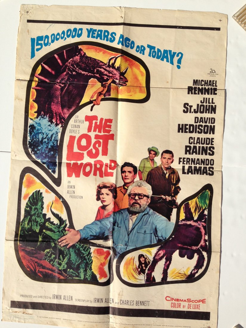 LOST WORLD MOVIE POSTER: LOST WORLD MOVIE POSTER - 1960 Sir Arthur Conan Doyle Fair condition for age. about 24" x 36" Machine Folded.