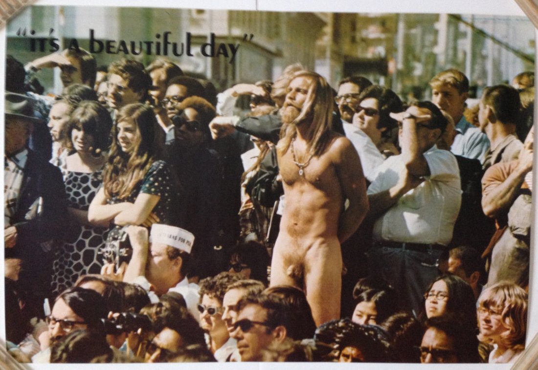 IT'S A BEAUTIFUL DAY HIPPY POSTER - NUDE: IT'S A BEAUTIFUL DAY HIPPY POSTER - NUDE 1970's anti war / hippy / protest poster. 1970 hippy peace poster nude man in peace rally Bourret/McAllister Photography, SF, CA 28" x 19"