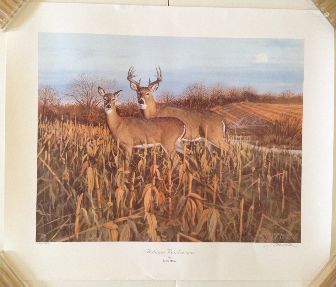 (lot) Bruce Miller/ Thomas M. Wosika-FINE WILDLIFE ART: YOU GET TWO ITEMS ! ! ! FINE ART Bruce Miller - Deers Autum Rendezvous signed and numbered 1738/2000 18 x 22 heavy stock and Pals hunting sc