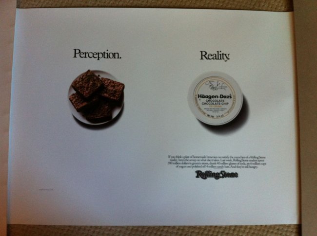 ROLLING STONE MAGAZINE - HASH BROWNIES: Rolling Stone Perception Reality advertising poster created by Fallon McElligott in the 1980s. These ads were meant to sway advertisers that the Rolling Stone Magazine was not read by Potheads, but by