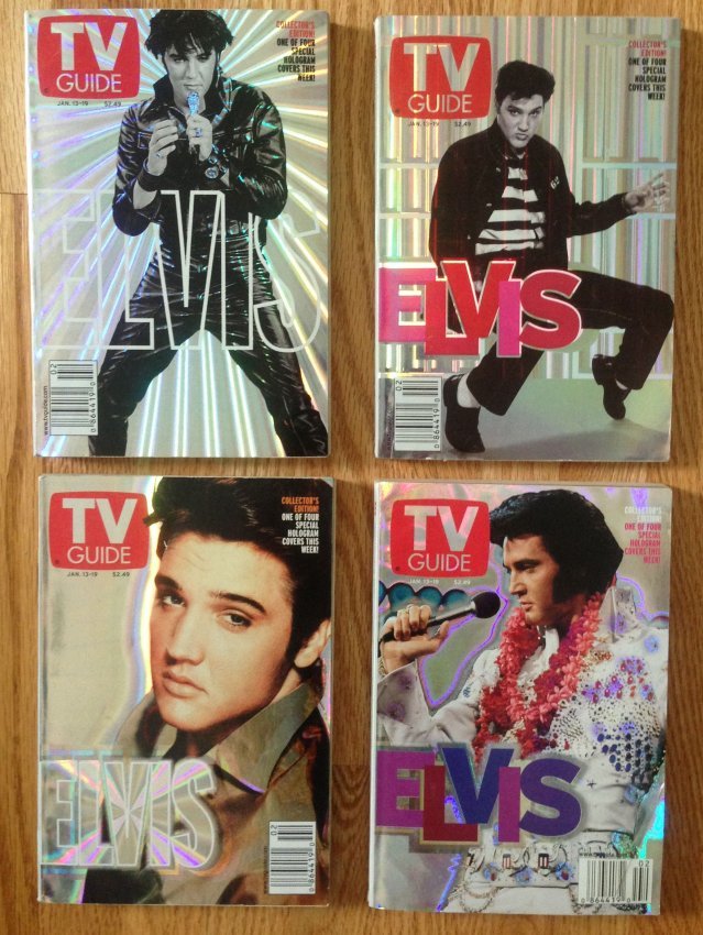 LOT of Elvis TV GUIDES WITH HOLOGRAM COVER (7): You get SEVEN (7) Elvis TV GUIDES WITH HOLOGRAM COVER. All in amazing shape. Includes ONE pre-production cover not mounted to guide yet (flat).