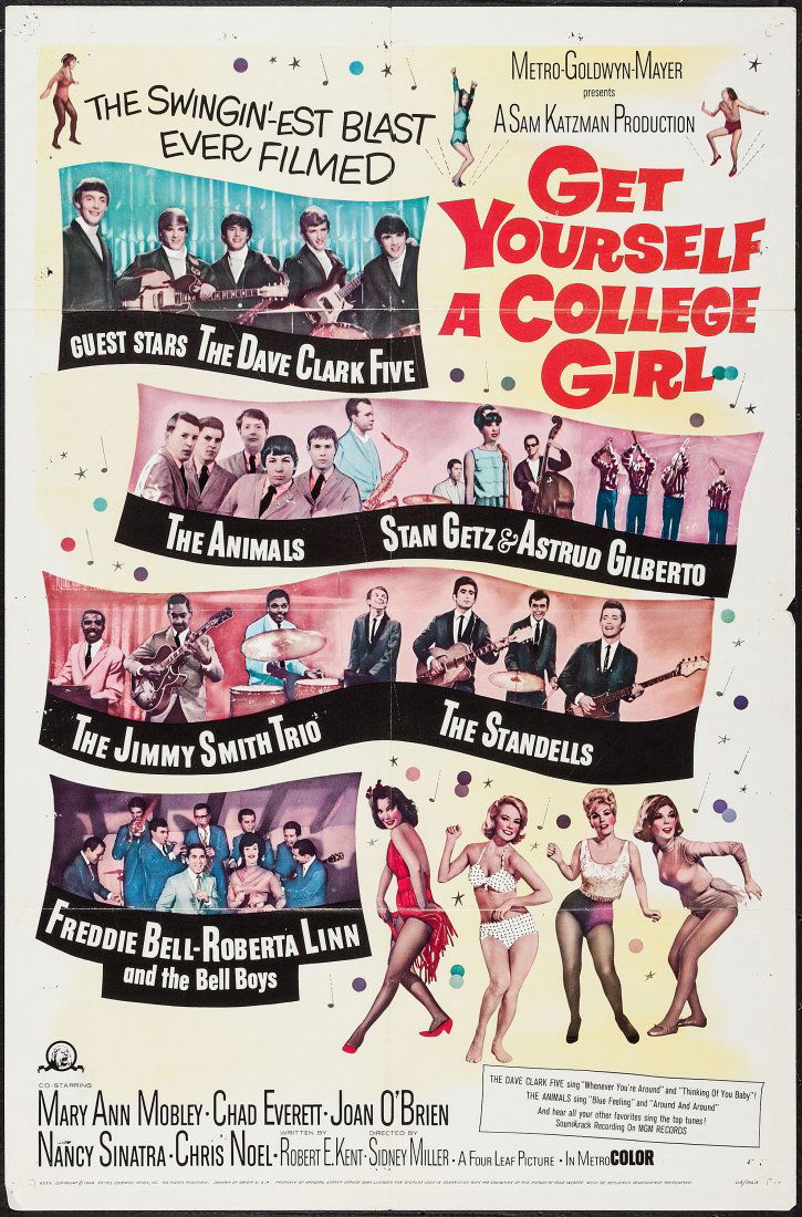 Get Yourself a College Girl (MGM, 1964). One Sheet: Get Yourself a College Girl (MGM, 1964). One Sheet (27" X 41") & Lobby Cards (5) (11" X 14"). Comedy. Starring Mary Ann Mobley, Joan O'Brien, Nancy Sinatra, Chris Noel, Chad Everett, Willard Waterman,