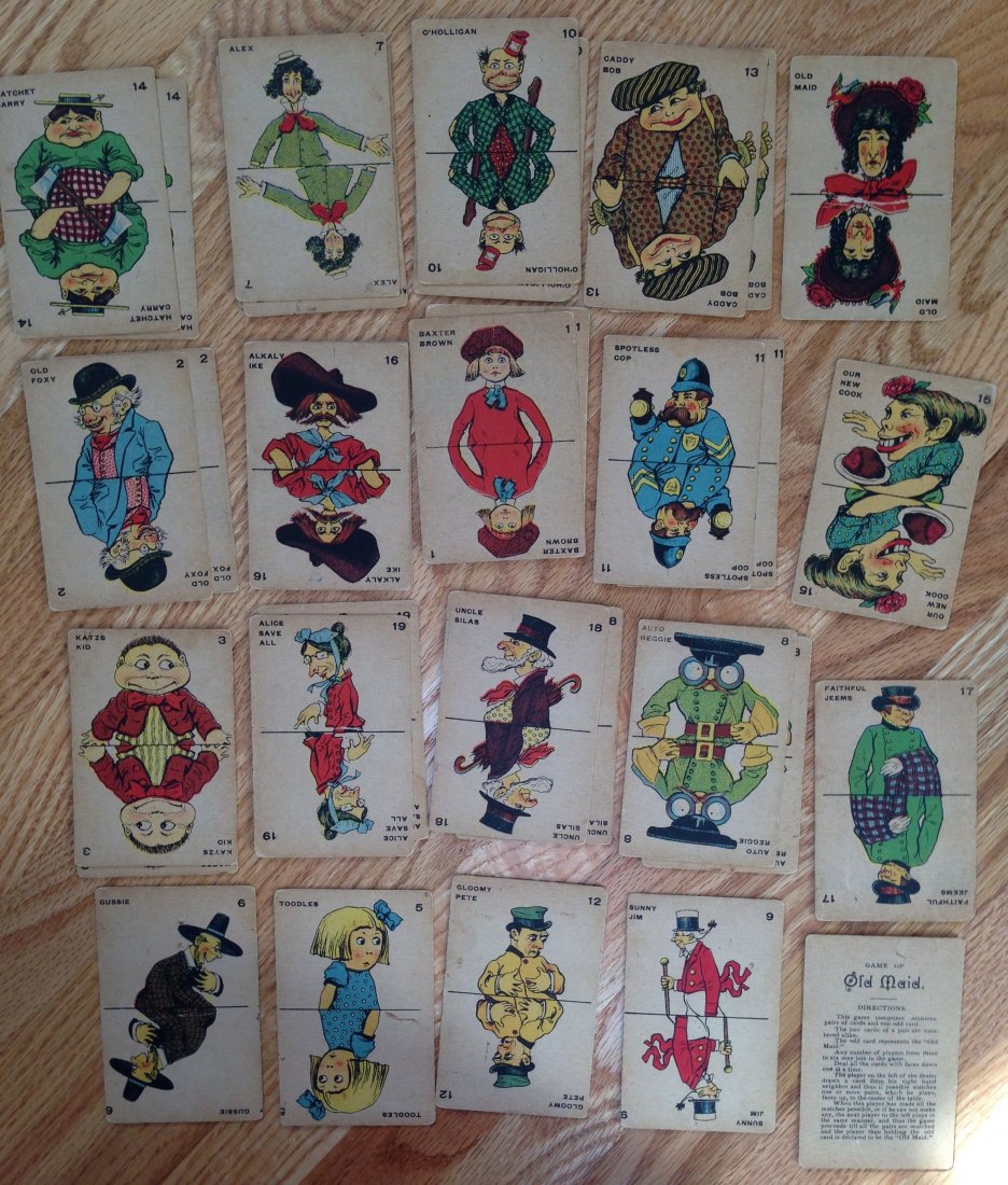 MILTON BRADLEY ANTIQUE CARD GAME OLD MAID: MILTON BRADLEY ANTIQUE CARD GAME OLD MAID 1900's ! ! ! ANTIQUE 23 CARD GAME OF OLD MAID CARDS as found in the NEW YORK HISTORICAL SOCIETY ! ca. 1900 Medium: Cardboard, paper Place made: North America,