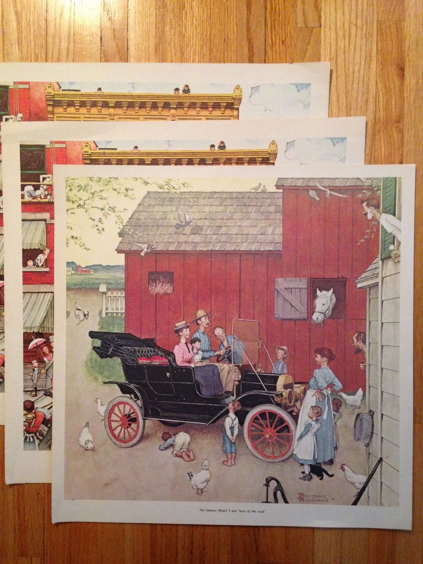 LOT OF NORMAN ROCKWELL PRINTS (3): NORMAN ROCKWELL PRINTS. THREE. Large on heavy stock. About 24" x 24". The Street Was Never the Same and The Famous Model T Was Boss Of The Road.