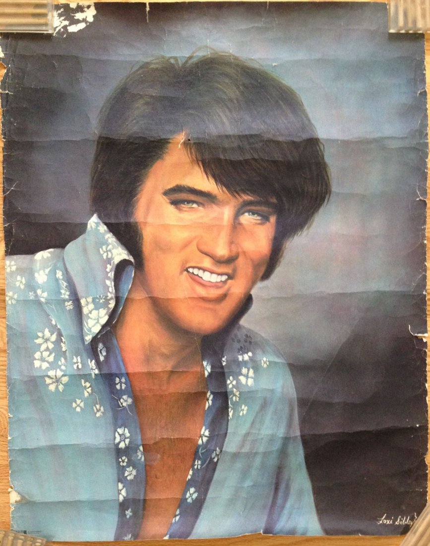 Elvis Painting Poster sold at Concerts: Elvis Painting Poster sold at Concerts. On semi heavy canvas paper, with damages to corners and edges. 22x27 by Loxi Sibley - After the sale of three of her Elvis portraits to EPE, they had beautiful 