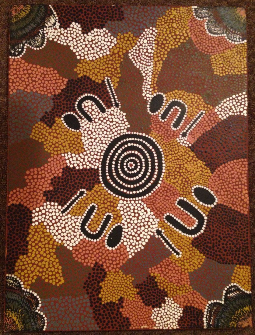 Aboriginal Australian Art: Aboriginal Australian Art. Original work on canvas with wood frame. Markings on reverse: DJ 349. Molly Nababarai. Women's Ceremony at Ngarlikurlunqu (or Ngarlikurlunga). From Sydney Australia 1990. Ab