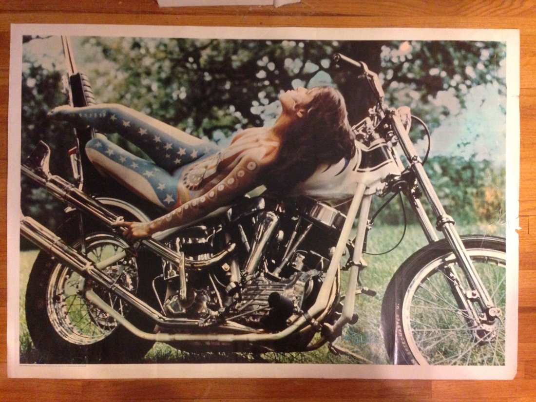 Pandora Painted Lady Series - 1968 - Biker Chick: Pandora Painted Lady Series - 1968 - Biker Chick - Design D. Nordahl. Photo by John Nelson. Every guy had this in his bedroom or garage in 1968-1970. Tears on right side. 29 X 42