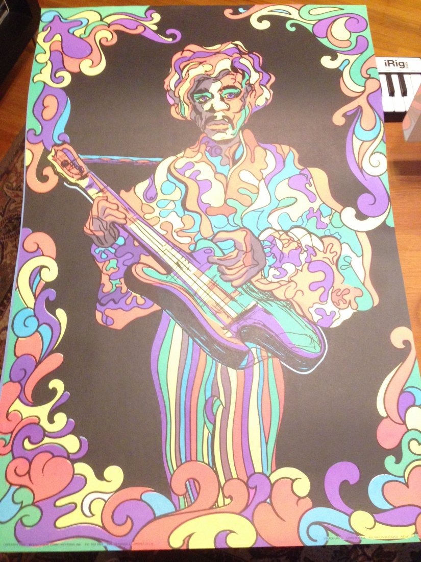 JIMI HENDRIX RARE 1969 BLACKLIGHT: FEATURED ITEM JIMI HENDRIX RARE 1969 BLACKLIGHTStored flat for 45 YEARS ! 24 x 36 screen print. Weeps Visual Communications. Artist F. E. Fierro. MINT - RARE - Gorgeous.