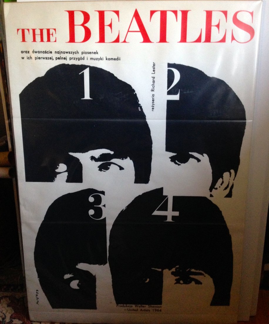 BEATLES POLISH POSTER FOR A HARD DAYS NIGHT 1964: FEATURED ITEM OFFERED UP FOR AUCTION IS A VINTAGE - RARE 1964 cold-war era Polish poster advertising the film "Hard Day's Night," directed by Richard Lester and released by United Artists. Here is the