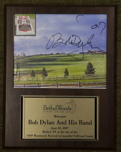 *** Autographed by Bob Dylan plaque: FEATURED ITEM. BETHEL WOODS #15 Direct from Bethel Woods Center for the Arts, located at the site of the original Woodstock festival.This item Description: Autographed plaque commemorating Bob Dylan��