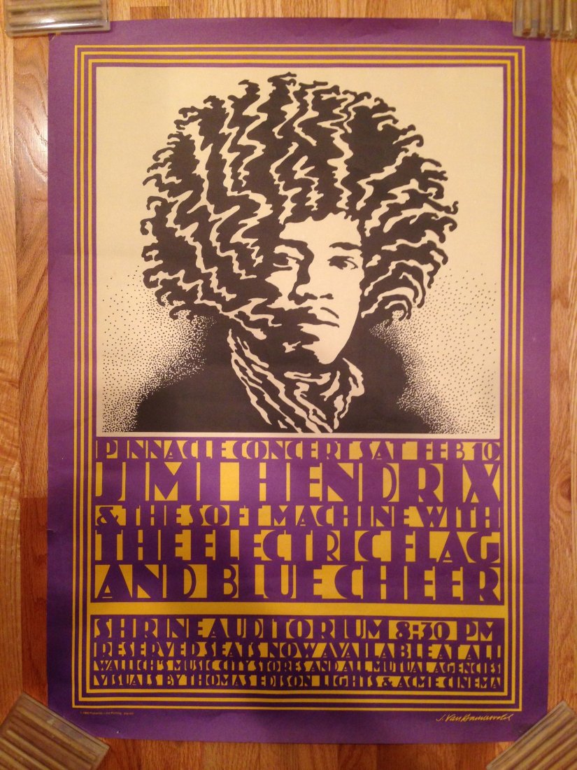 JIMI HENDRIX - John Van Hamersveld. 3rd: JIMI HENDRIX TOUR/SHOW: Pinnacle Concert. ARTIST: John Van HamersveldDATE: Feb 10, 1968. VENUE: Shrine Auditorium (Los Angeles, CA) SIZE: 19" x 27 1/4"Pinholes in corners. 3rd and final printing. 1968