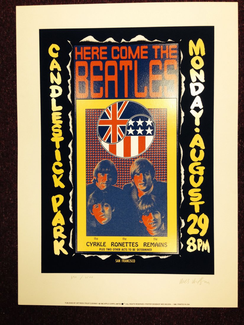 BEATLES AT CANDELSTICK PARK: BEATLES AT CANDELSTICK PARK. #290 / 2500 Art Rock. Philip Cushway. Signed by artist Wes Wilson.