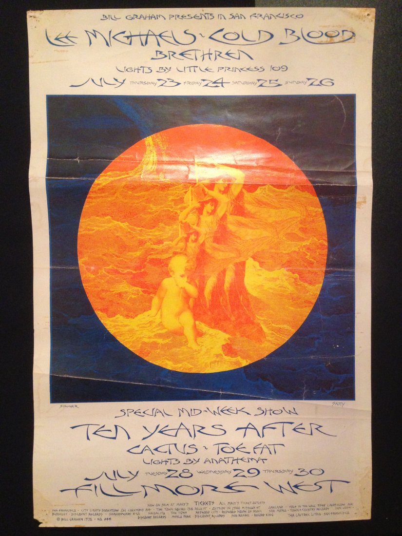 Lee Michaels, Fillmore West (BG-244): (BG-244) Lee Michaels, Fillmore West. This poster is another later Fillmore West offering from the pen of David Singer. Singer’s work often gets overlooked, perhaps because his use of photo collage