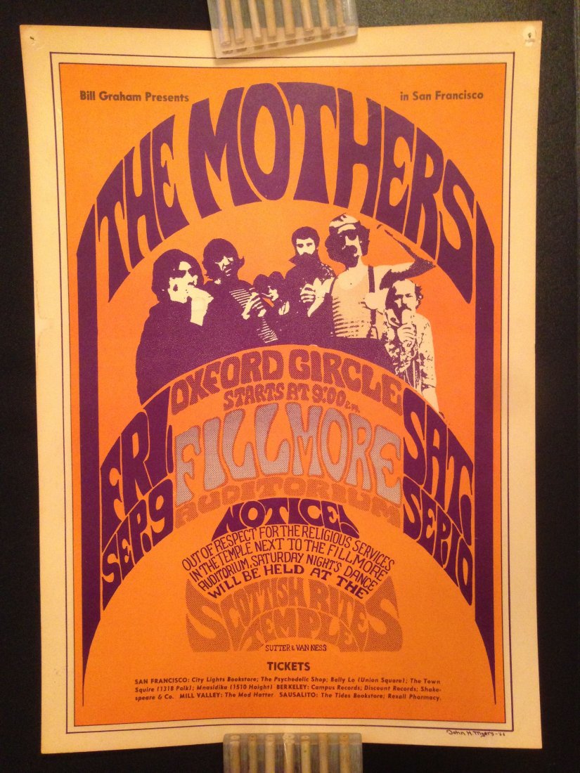 Mothers of Invention Fillmore 1966: Mothers of Invention Poster - Fillmore Auditorium (San Francisco, CA) Sep 9, 1966 (BG027). John H. Myers alluded to the recent appearance of photography in poster art with his stylized adaptation of T