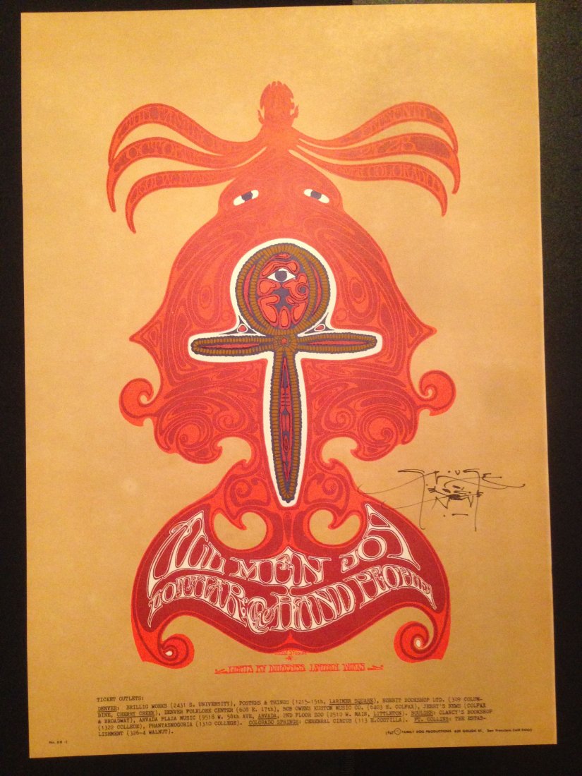 Allmen Joy Poster - Denver Dog 1967 (FDD008) SIGNED !: Allmen Joy Poster - Denver Dog (Denver, CO) Oct 27, 1967 (FDD008). The poster was only printed once before the concert. It measures 14" x 19 15/16”. ARTIST: Stanley Mouse, Alton Kelley. PERFORMERS: 