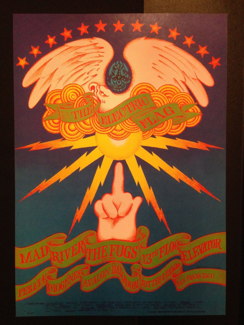 Electric Flag - Avalon 1968 (FD104): Electric Flag Poster - Avalon Ballroom (San Francisco, CA) Feb 2, 1968 (FD104). The poster was only printed once before the concert. It measures 14" x 20”. ARTIST: Victor Moscoso. PERFORMERS: Electr
