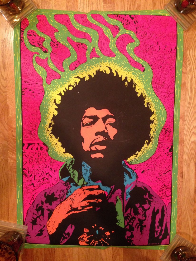 HENDRIX SERIGRAPH BLACK LIGHT POSTER: HENDRIX SERIGRAPH BLACK LIGHT POSTER - THE EXPERIENCED. Printed by R.S.C. Cocorico Graphics. Art by Joe Roberts, Jr. Pinholes in corners. Slight markings in dark inks. Original vintage late 1960s bl