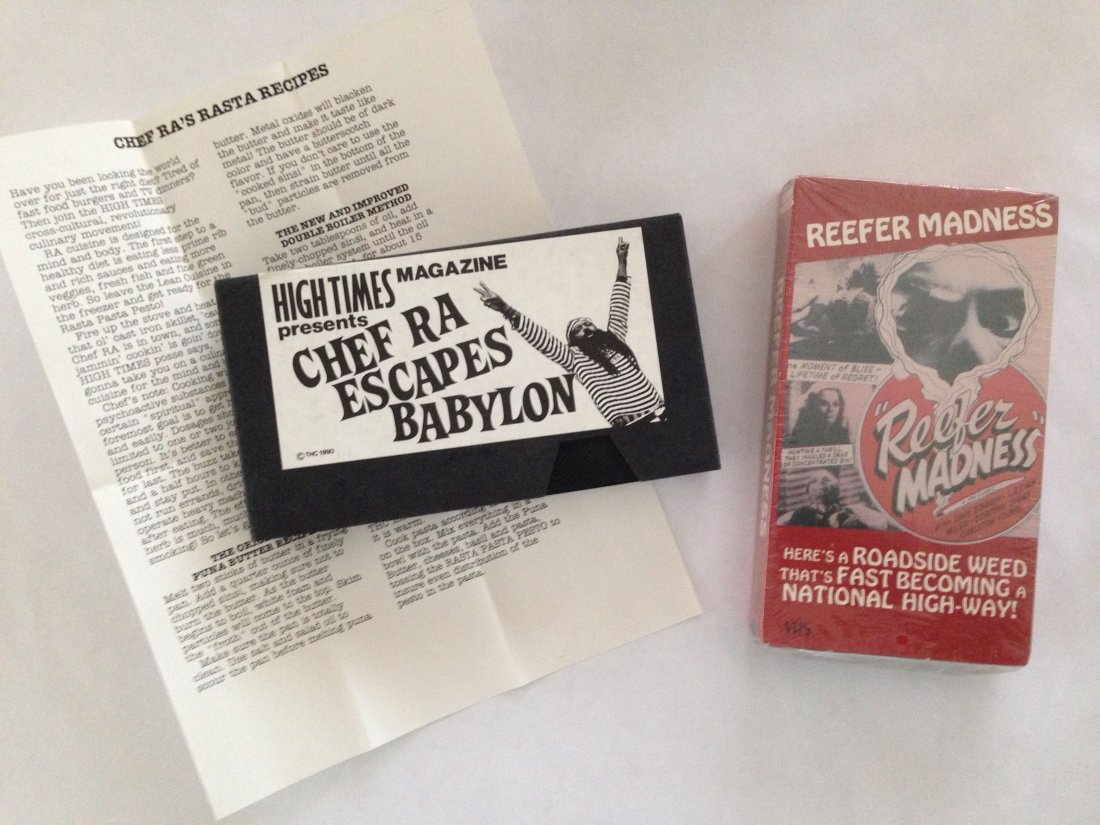 Vintage VHS Set - HIGH TIMES Chef Ra and REEFER MADNESS: Vintage VHS Set â€“ HIGH TIMES Chef Ra Escapes Babylon â€“ VHS Tape is not working, but PACKAGING IS MINT, and it comes with recipies for making pot-butter and Rasta Pasta Pesto with sinsi i