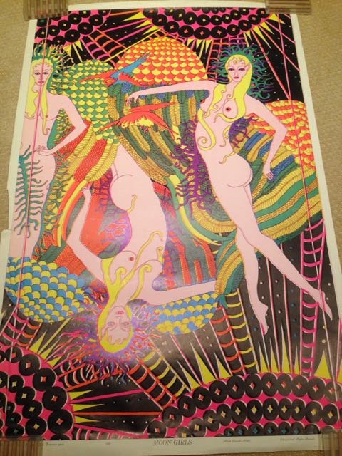MOON GIRLS - VINTAGE BLACK LIGHT POSTER: MOON GIRLS - VINTAGE BLACK LIGHT POSTER. 3 GEORGOUS NAKED BEAUTIES FLOAT IN A COLORSCAPE OF LOVE. WE BELEIVE THE ARTIST IS Adwardo Arderi.