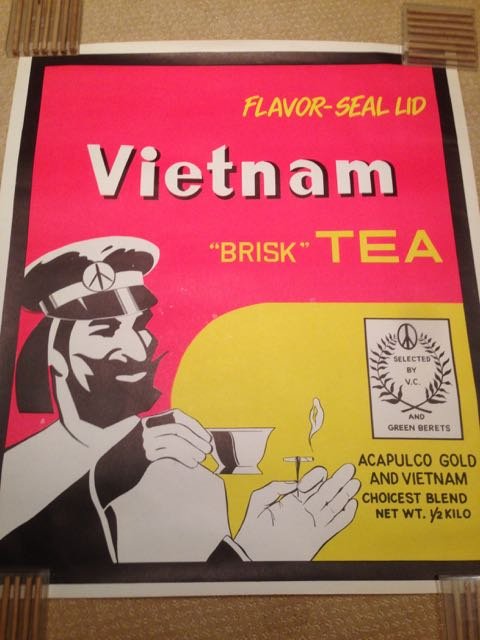 RARE AND NEAR MINT VIETNAM BRISK TEA: RARE AND NEAR MINT VIETNAM BRISK TEA. BLACKLIGHT POSTER MADE FAMOUS IN THE 70â€™S. ACOLPOLCO GOLD AND VIETNAME WITH THE ZIG ZAG MAN. INSIGNIA READS - SELECTED BY THE V.C. (VIET CONG) AND THE GREE