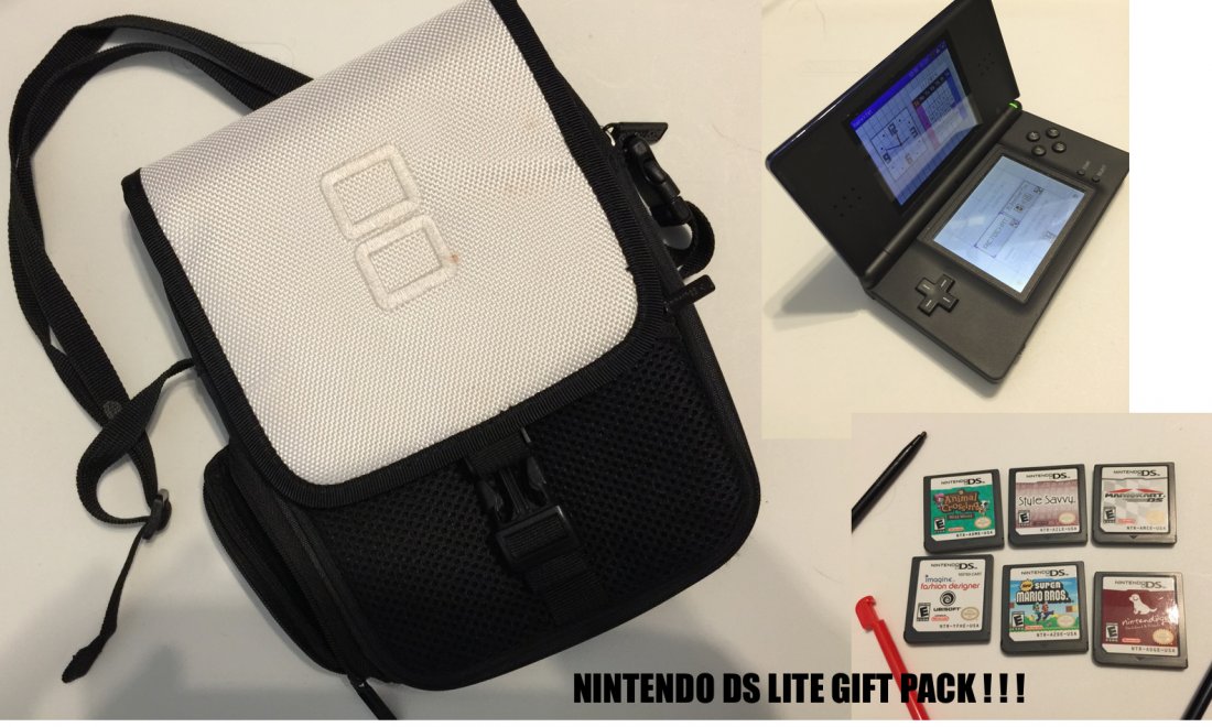 NINTENDO DS LITE GIFT PACK WITH 6 GAMES AND CARRY CASE: NINTENDO DS LITE GIFT PACK WITH 6 GAMES AND CARRY CASE and 4 stylus pens. Games include: Animal Crossing - Wild World, Style Savvy, Mariokart, Fashion Designer, New Super Mario Bros., Nintendogs. Beau