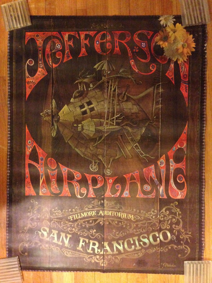 RARE JEFFERSON AIRPLANE 1968 POSTER: RARE JEFFERSON AIRPLANE AT THE FILLMORE 1968 POSTER. By Dave Schiller, San Jose, CA. This first printing with the Sparta #9 credit is on heavy stock. Jefferson Airplane side is by talented artist J. M