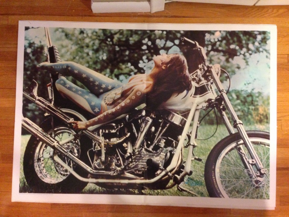 Pandora Painted Lady Series - 1968 - Biker Chick: Pandora Painted Lady Series - 1968 - Biker Chick - Design D. Nordahl. Photo by John Nelson. Every guy had this in his bedroom or garage in 1968-1970. Tears on right side. 29â€ X 42â€