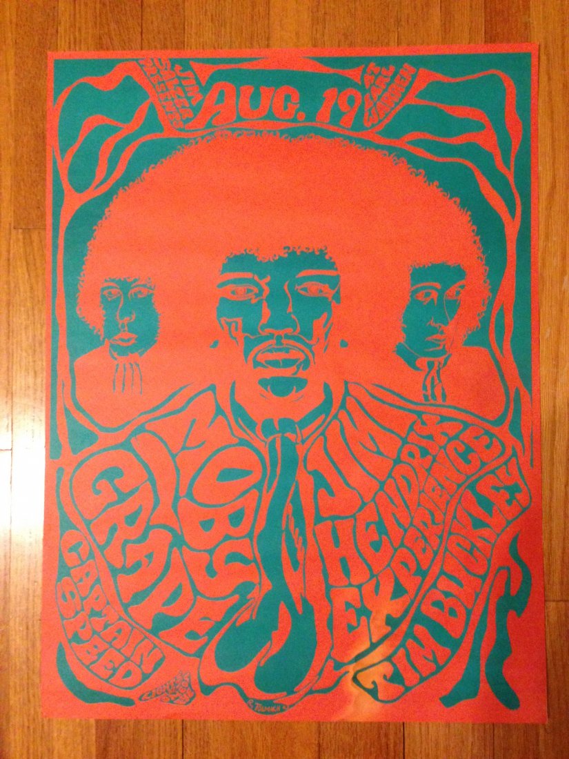 Jimi Hendrix /Moby Grape Earl Warren Poster '67: Jimi Hendrix /Moby Grape Earl Warren Poster â€™67. Jimi Hendrix Experience/Moby Grape Earl Warren Concert Poster (Jim Salazar, 1967) 17.25" x 23.25". Second printing. Poster measures approximatel