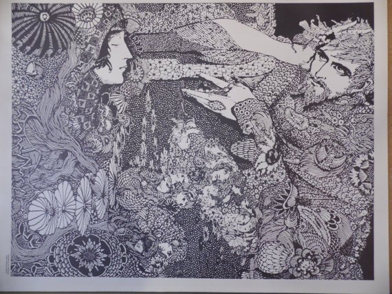 Trippy, psychedelic black and white poster - TREASURE ?: DOUBLE-H PRESS was a printing business that the FAMILY DOG used to created many posters. They hired artists like Rick Griffin and Wes Wilson and Stanley Mouse. THIS COULD BE DRAWN by one of those arti