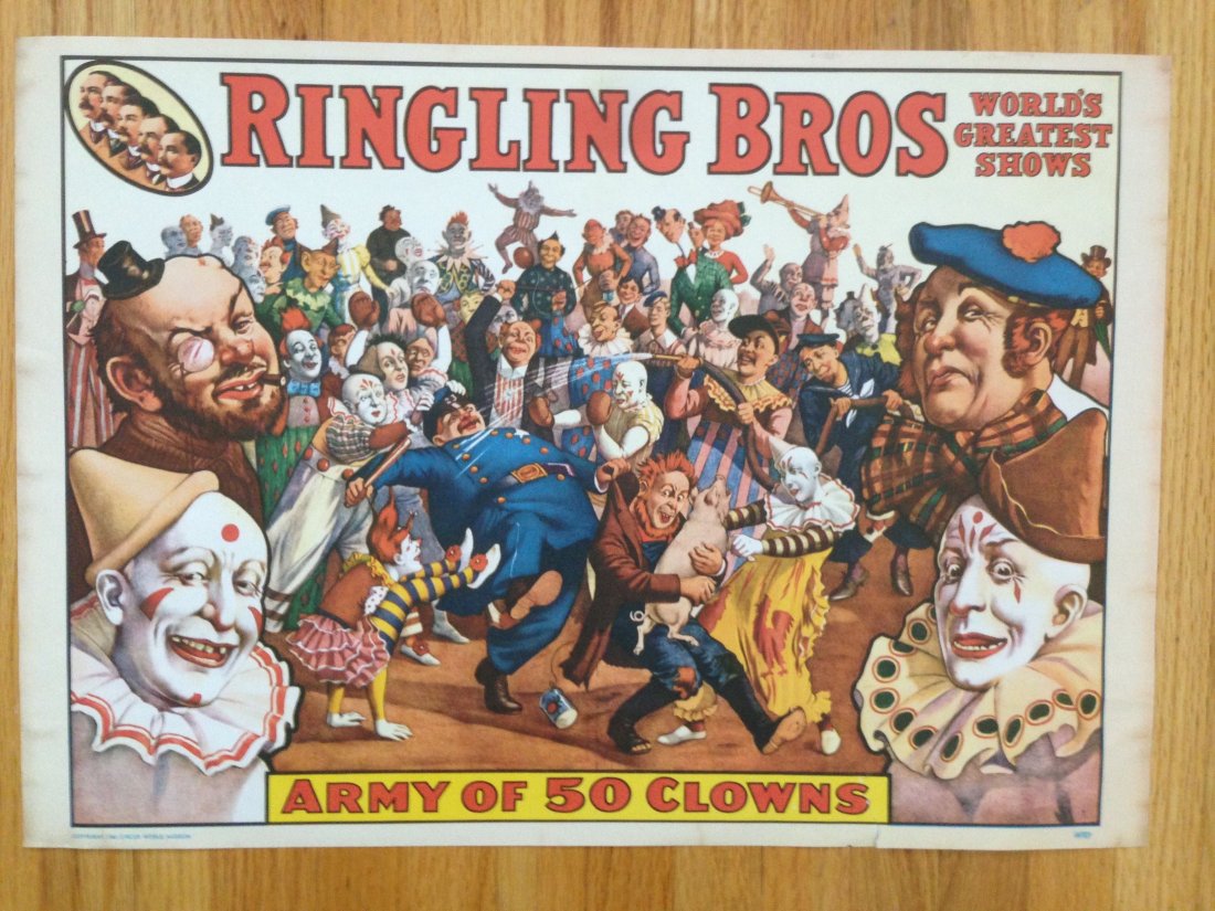 RINGLING BROS. ARMY OF 50 CLOWNS 1960 POSTER: RINGLING BROS. ARMY OF 50 CLOWNS 1960 POSTER. Mint with Mini Poster union stamp on bottom right corner. With 1960 copyright from Circus World Museum. About 14 x 19. Near mint with some browning due to