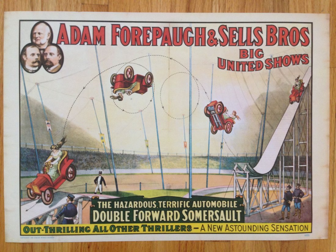 ADAM FORPAUGH & SELLS BROS - 1960 POSTER: ADAM FORPAUGH & SELLS BROS - 1960 POSTER. Double Forward Somersault. Mint with Mini Poster union stamp on bottom right corner. With 1960 copyright from Circus World Museum. About 14 x 19. Near mint wi