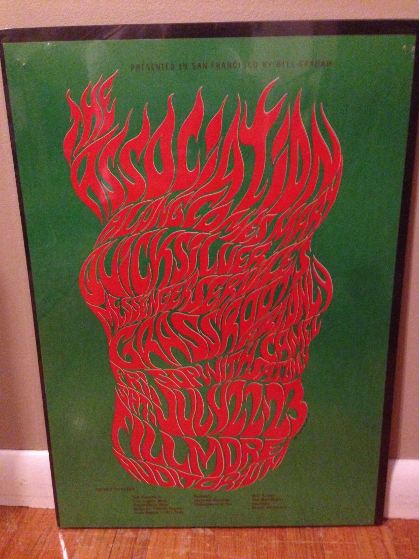 Wes Wilson - The Association: Wes Wilson - The Association + Along Comes Mary - 1966. Dimensions 14" x 23.5â€. Rare original 1966 rock poster. RED FLAMES ON GREEN BG The Association, Quicksilver, Grass Roots, Sopwith Camel, Jul