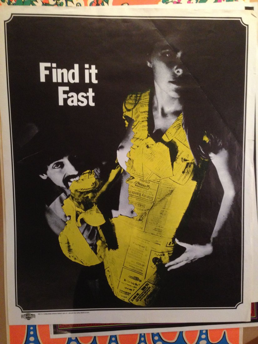 FIND IT FAST - YELLOW PAGES PARODY POSTER: LET YOUR FINGERS DO MORE THAN THE WALKING, WHEN YOU FIND IT IN THE YELLOW PAGES. THIS GROSS NATIONAL PRODUCT POSTERS SHOWS A WOMAN CLAD IN YELLOW PAGES, AND A MAN RIPPING THE PAGES AWAY.
