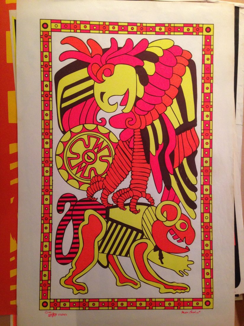 RARE AZTEC LOOKING BLACKLIGHT FROM ARTKO: RARE AZTEC LOOKING BLACKLIGHT FROM ARTKO STUDIOS - 1966. ART BY MIKE BREHRET