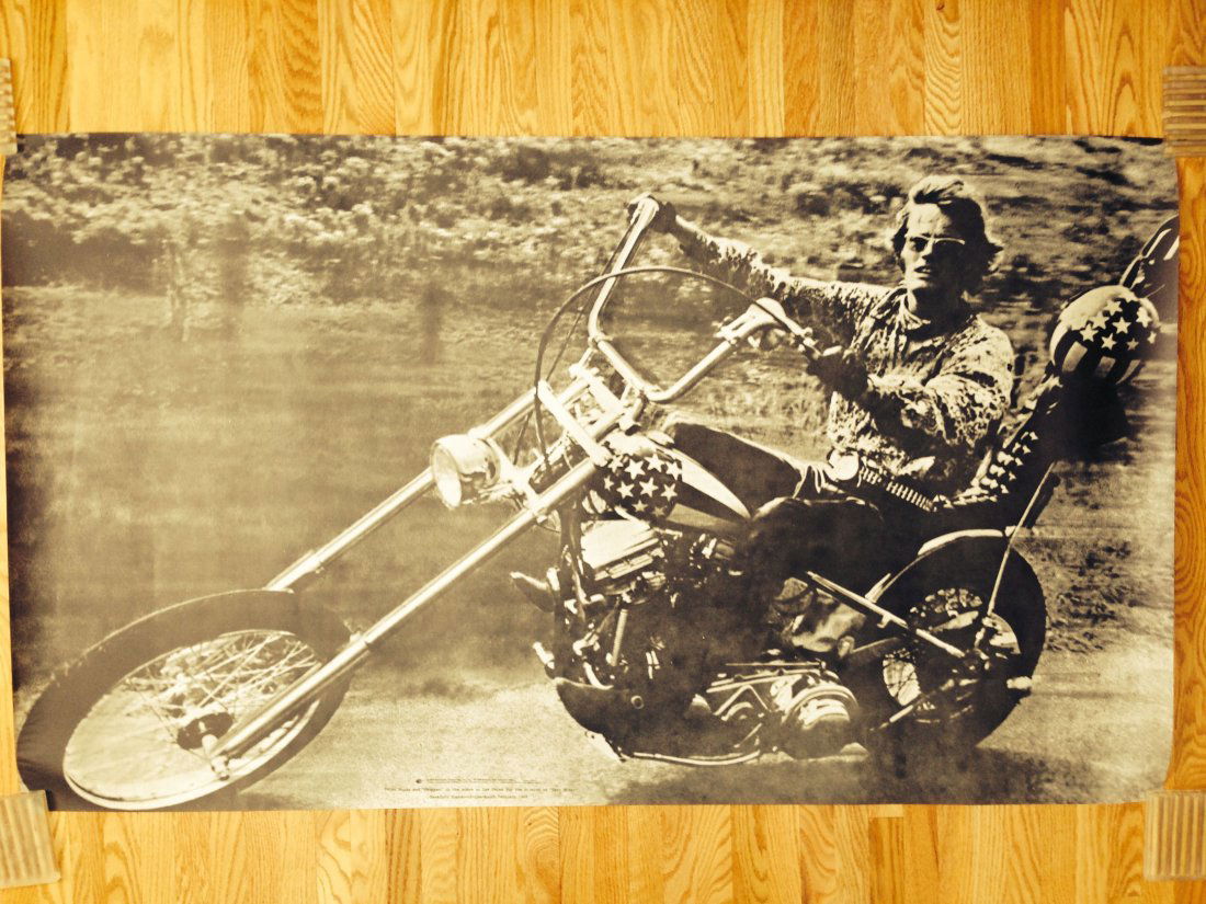 PETER FONDA AND CHOPPER - EASY RIDER: PETER FONDA AND CHOPPER - EASY RIDER. On the scenes in Las Vegas for the filming of EASY RIDER. 1969 Personality Posters. Mint. about 30 x 50 ! RARE in this mint condition.