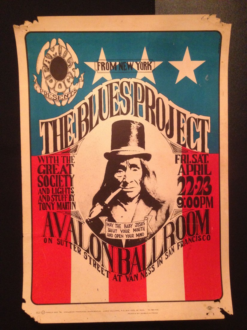 The Blues Project Poster 1966 (FD005): The Blues Project Poster - Avalon Ballroom (San Francisco, CA) Apr 22, 1966 (FD005). The 2nd printing is also on vellum measuring 14" x 20" but adds union logo #72 in the lower right corner, "5(2)" to