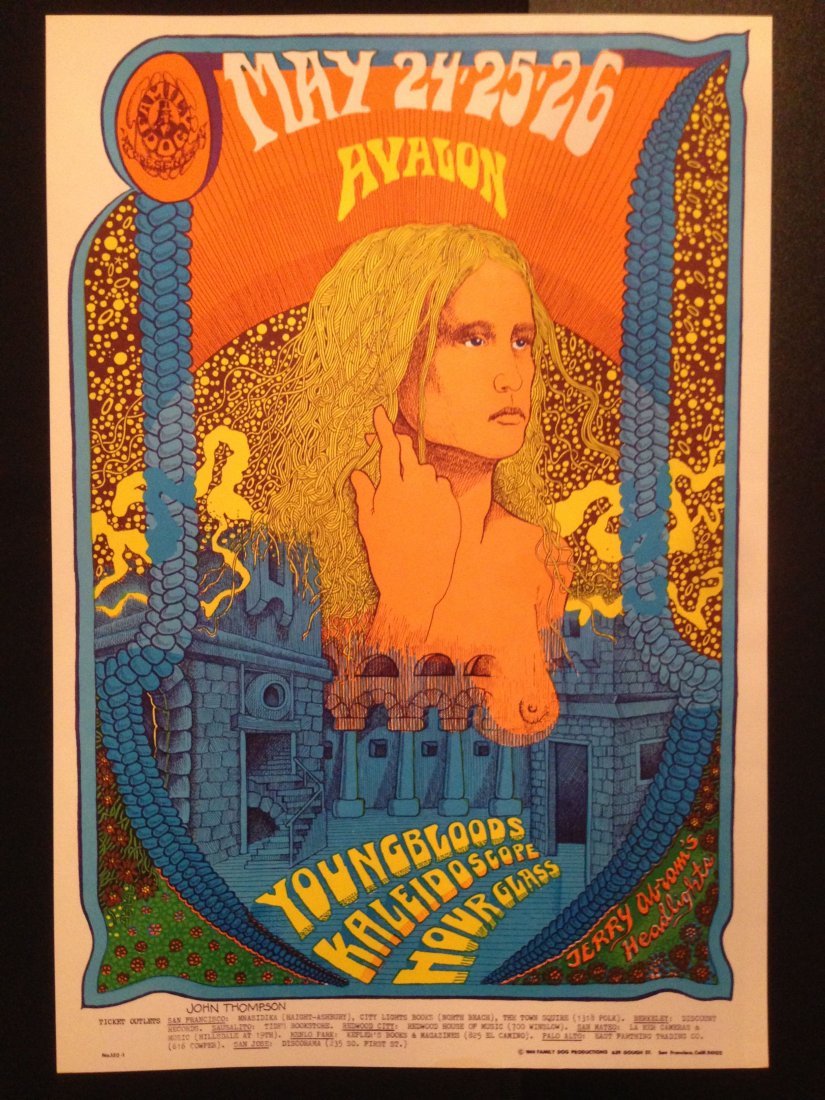 The Youngbloods - Avalon 1968 (FD120) - MINT! ! !: The Youngbloods Poster - Avalon Ballroom (San Francisco, CA) May 24, 1968 (FD120). The poster was only printed once before the concert. It measures 13-5/8" x 19-7/8. ARTIST: John Thompson. PERFORMERS: